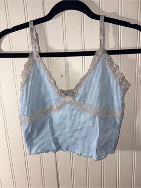 Divided Light Blue Ribbed Lace-Trim Bralette